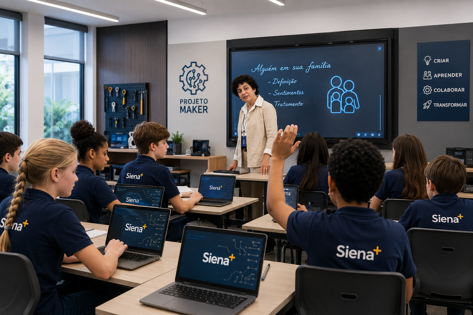 Sala de aula moderna do Siena+ com tecnologia educacional